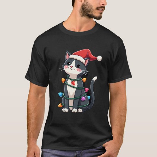 Christmas Cat Tuxedo black cat xmas lights kitty c T-Shirt (Vorderseite)