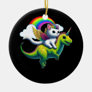 Christmas Cat Unicorn Riding Dinosaur Kitten Space Keramik Ornament