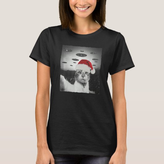 Christmas Cat wear Santa Hat selfie with Alien UFO T-Shirt (Vorderseite)