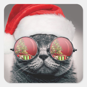 Christmas Cat With Sunglasses Quadratischer Aufkleber