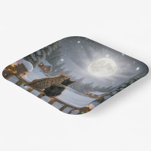 Christmas Cats Cuddling On a Snowy Fence Pappteller (Gewinkelt)