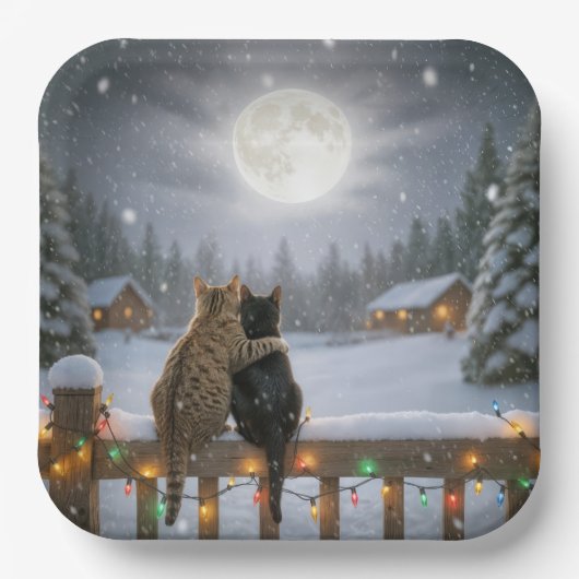 Christmas Cats Cuddling On a Snowy Fence Pappteller (Vorderseite)