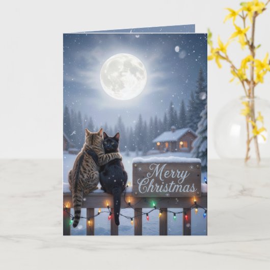 Christmas Cats Embracing On a Snowy Fence Karte (Gelbe Blume)
