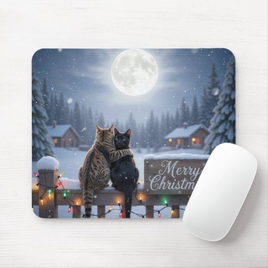 Christmas Cats Embracing On a Snowy Fence Mousepad (Mit Mouse)