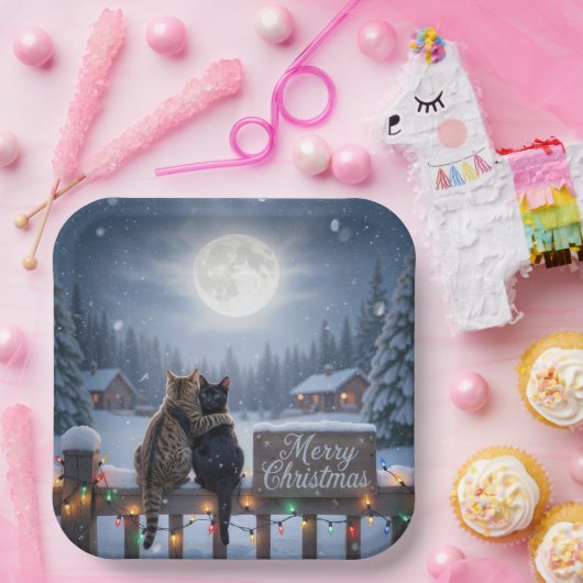 Christmas Cats Embracing On a Snowy Fence Pappteller (Party)