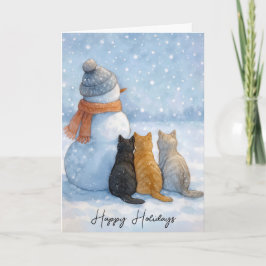 Christmas Cats Sitting With a Snowman In a Field Karte
