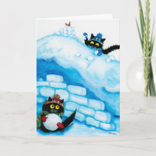 Christmas Cats Snow Ball Fight Card by Bihrle Feiertagskarte