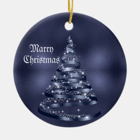 Christmas Celebration Shiny Blue Ribbon Tree Keramik Ornament (Vorne)