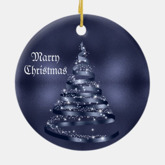 Christmas Celebration Shiny Blue Ribbon Tree Keramik Ornament (Hinten)