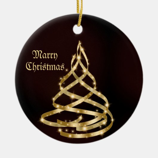 Christmas Celebration Shiny Golden Ribbon Tree Keramik Ornament (Vorne)