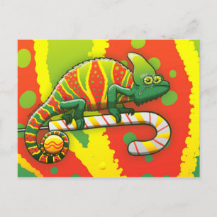 Christmas Chameleon Walking on a Candy Cane Feiertagspostkarte