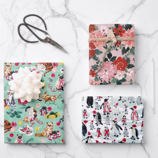 CHRISTMAS CHAOS BUNDLE CATS, PENGUINS, POINSETTIA GESCHENKPAPIER SET (Vorderseite)