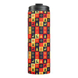 Christmas Checkerboard Pattern - Red & Yellow Tree Thermosbecher
