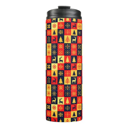 Christmas Checkerboard Pattern - Red & Yellow Tree Thermosbecher (Vorderseite)