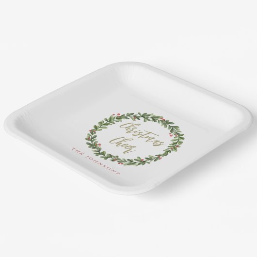Christmas Cheer Wreath Gold Script Personalized Pappteller (Gewinkelt)