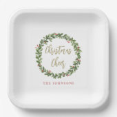 Christmas Cheer Wreath Gold Script Personalized Pappteller (Vorderseite)