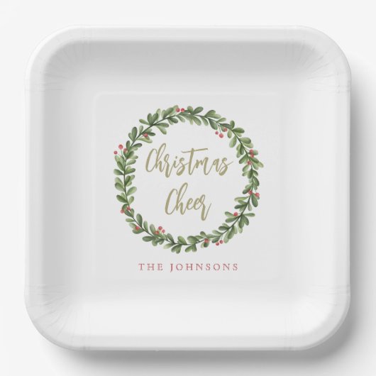 Christmas Cheer Wreath Gold Script Personalized Pappteller (Vorderseite)