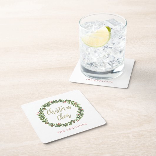 Christmas Cheer Wreath Gold Script Personalized Rechteckiger Pappuntersetzer (Vor Ort)