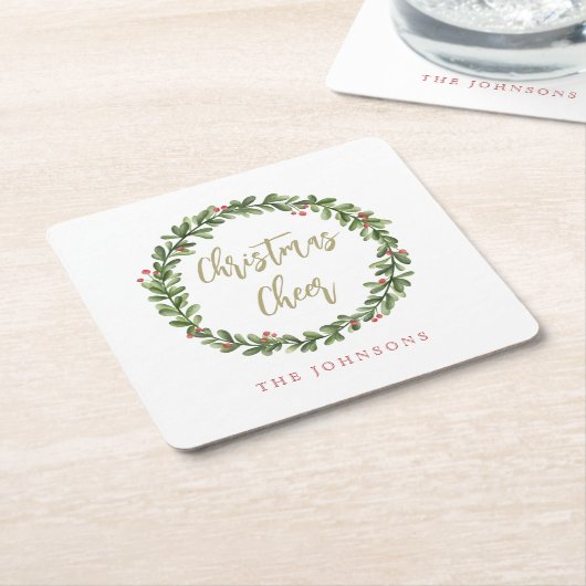 Christmas Cheer Wreath Gold Script Personalized Rechteckiger Pappuntersetzer (angewinkelt)