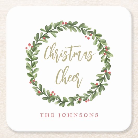 Christmas Cheer Wreath Gold Script Personalized Rechteckiger Pappuntersetzer (Vorderseite)