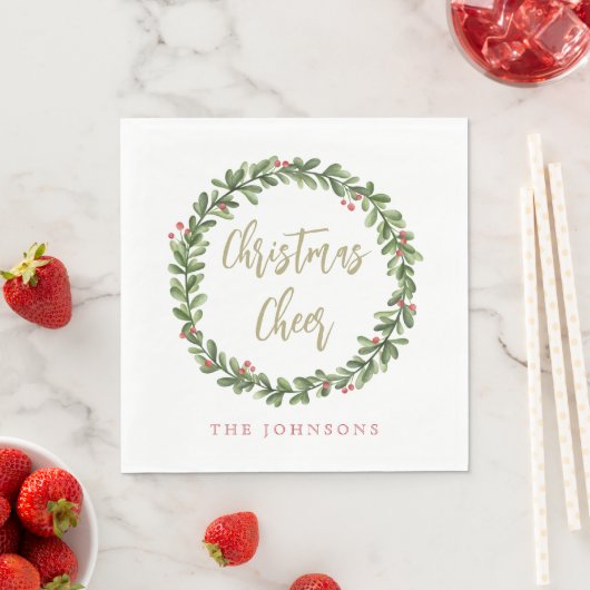 Christmas Cheer Wreath Gold Script Personalized Serviette (Beispiel)