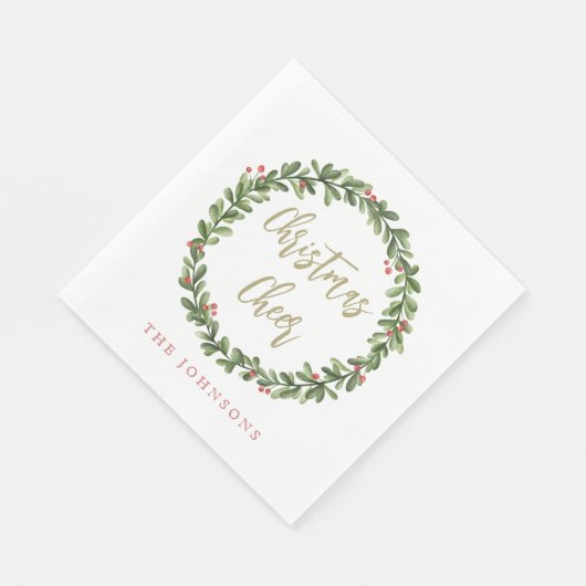 Christmas Cheer Wreath Gold Script Personalized Serviette (Ecke)