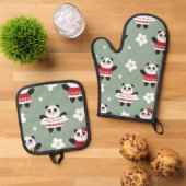 Christmas Cherry Blossom Panda Ofenhandschuh & Topflappen-Set (Oben Unten)