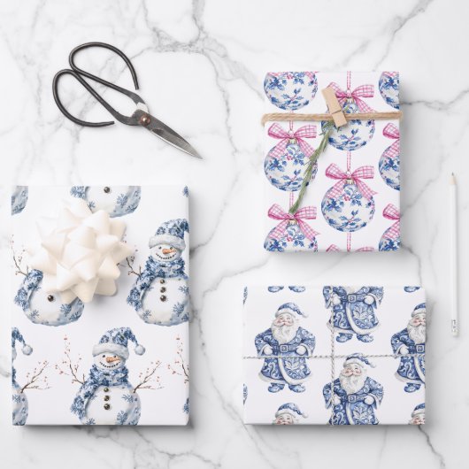 Christmas Chic Blue White Snowman Geschenkpapier Set (Vorderseite)