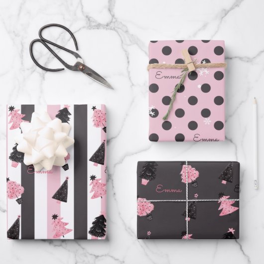Christmas Chic Pink Grau moderner Individuelle Nam Geschenkpapier Set (Vorderseite)