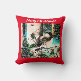 Christmas Chickadee Chatter Red Pillow Kissen