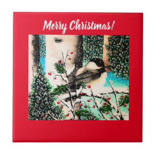 Christmas Chickadee Chatter Red Tile Fliese