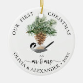 Christmas Chickadee Newlywed Mr. and Mrs. Foto Keramik Ornament (Vorne)