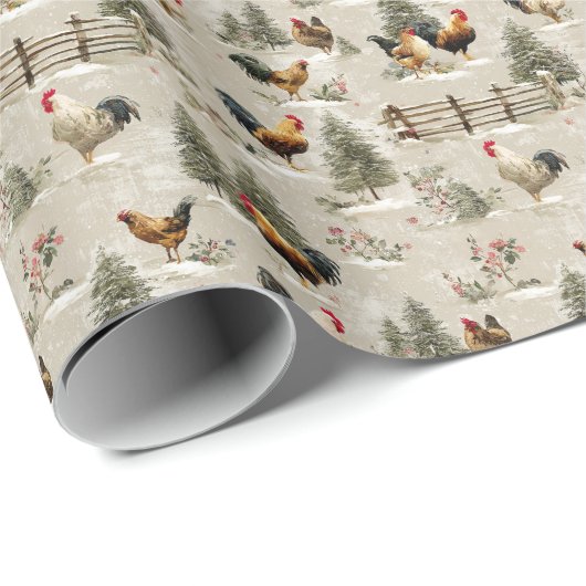 Christmas Chickens and Roosters Farmyard Winter Geschenkpapier (Rolleneckpunkt)