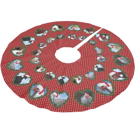 Christmas Chickens in Heart Wreaths Polka Dots Polyester Weihnachtsbaumdecke (Schrägansicht)