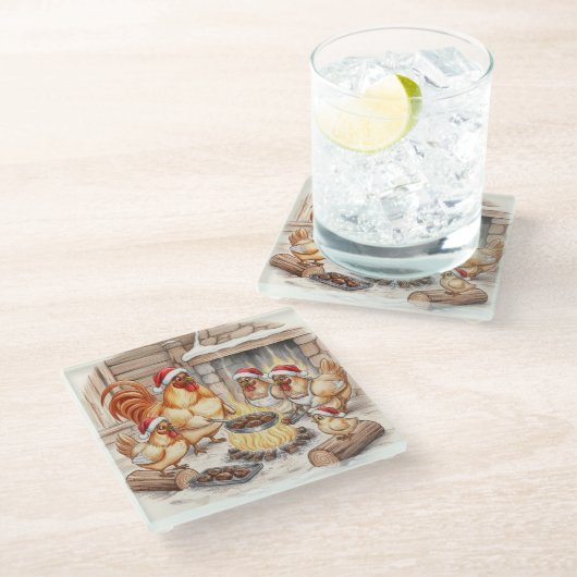 Christmas Chickens Roasting Chestnuts, Coaster Glasuntersetzer (Schrägansicht)