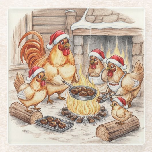 Christmas Chickens Roasting Chestnuts, Coaster Glasuntersetzer (Vorderseite)