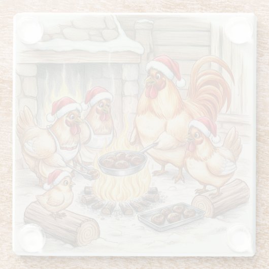 Christmas Chickens Roasting Chestnuts, Coaster Glasuntersetzer (Rückseite)