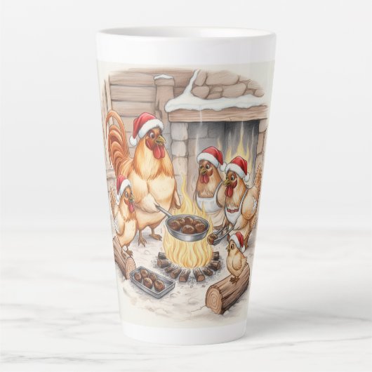 Christmas Chickens Roasting Chestnuts, Latte Mug Milchtasse (Vorderseite)