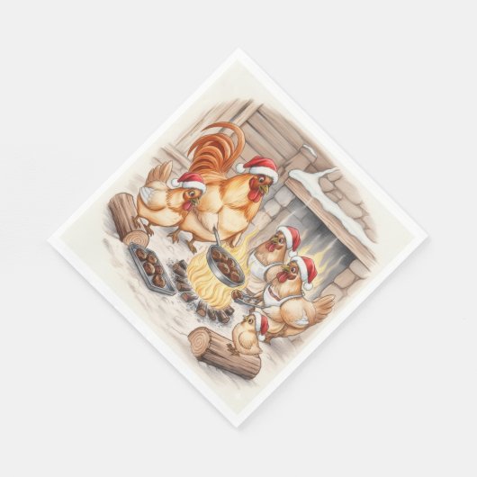 Christmas Chickens Roasting Chestnuts, Napkins Serviette (Ecke)