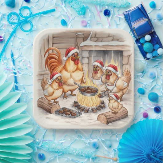 Christmas Chickens Roasting Chestnuts, Plates Pappteller (Party)