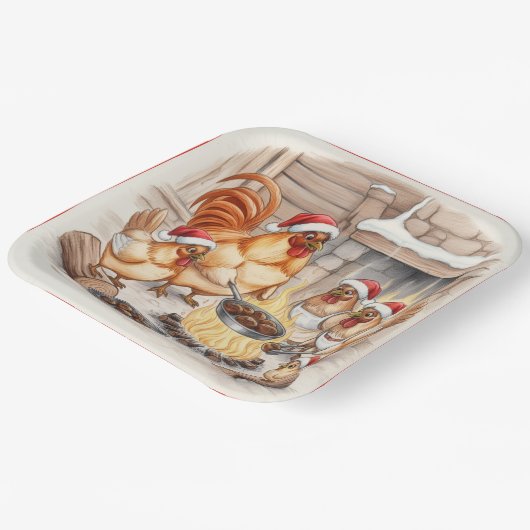 Christmas Chickens Roasting Chestnuts, Plates Pappteller (Gewinkelt)