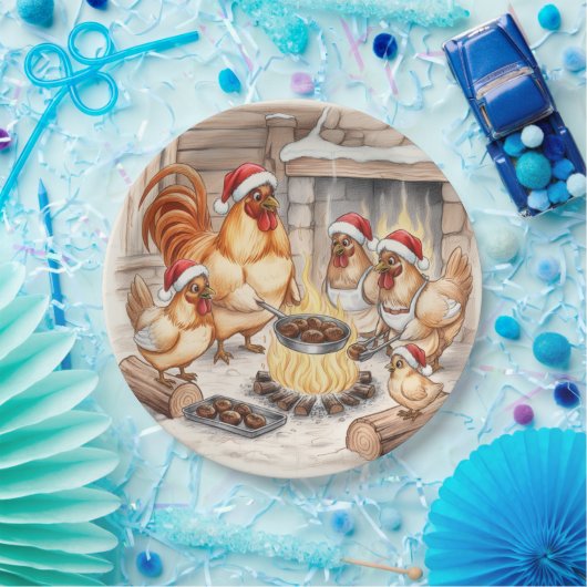 Christmas Chickens Roasting Chestnuts, Plates Pappteller (Party)