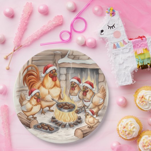 Christmas Chickens Roasting Chestnuts, Plates Pappteller (Party)
