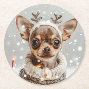 Christmas Chihuahua Reindeer Dog Runder Pappuntersetzer
