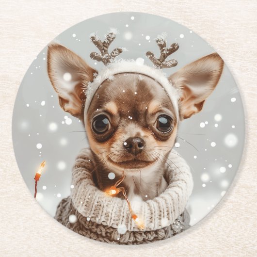 Christmas Chihuahua Reindeer Dog Runder Pappuntersetzer (Vorderseite)