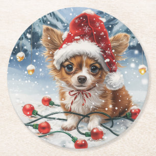 Christmas Chihuahua Santa Dog Runder Pappuntersetzer