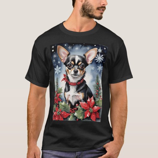 Christmas Chihuahua With Poinsettias & Snowflakes T-Shirt (Vorderseite)