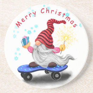 Christmas Coaster Gift Skater Gnome with Gifts Getränkeuntersetzer
