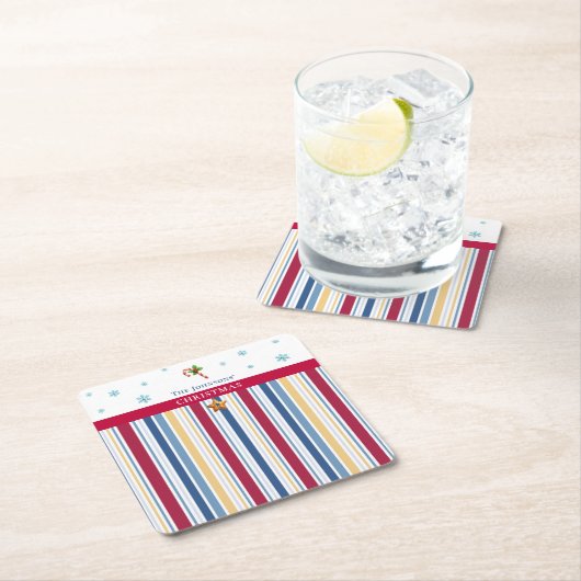 Christmas Coasters – Blue, Red & Gold Stripes Rechteckiger Pappuntersetzer (Vor Ort)