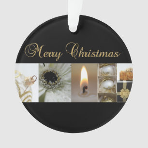 Christmas Collage Black, White and Gold Ornament